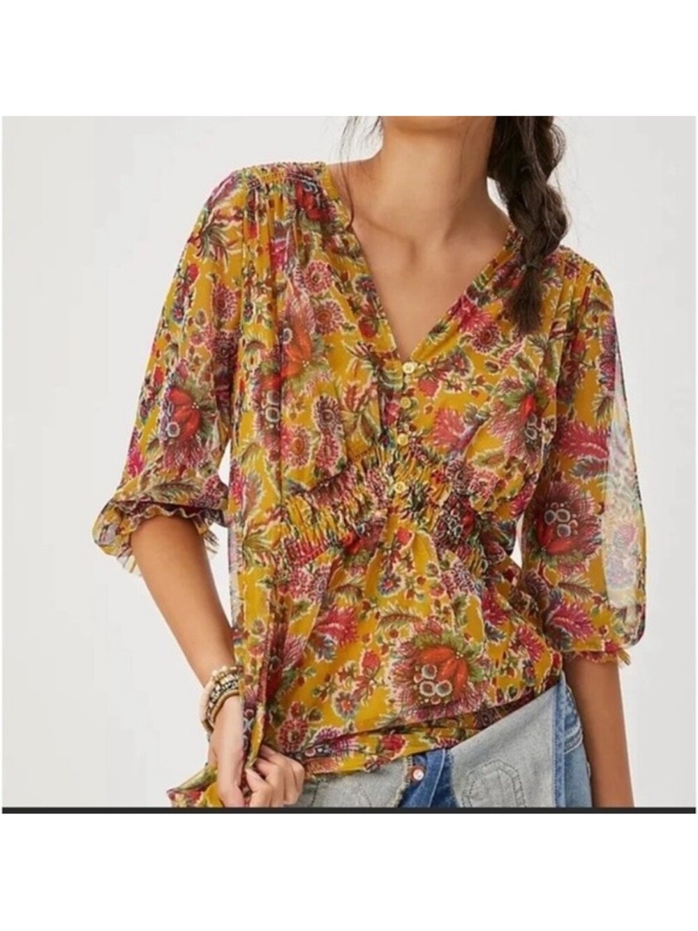Anthropologie Gretchen Smocked Tunic V-Neck 3/4 Sheer Sleeves Floral Boho